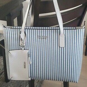 GUESS Blue White Striped Tote Bag Purse